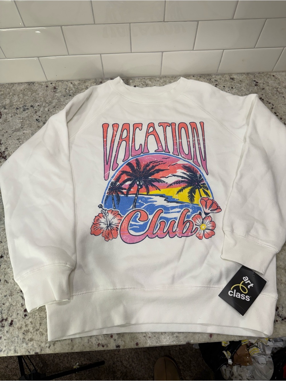 art class White Vacation Club Tropical Graphic Crewneck Size Large 10/12 NWT